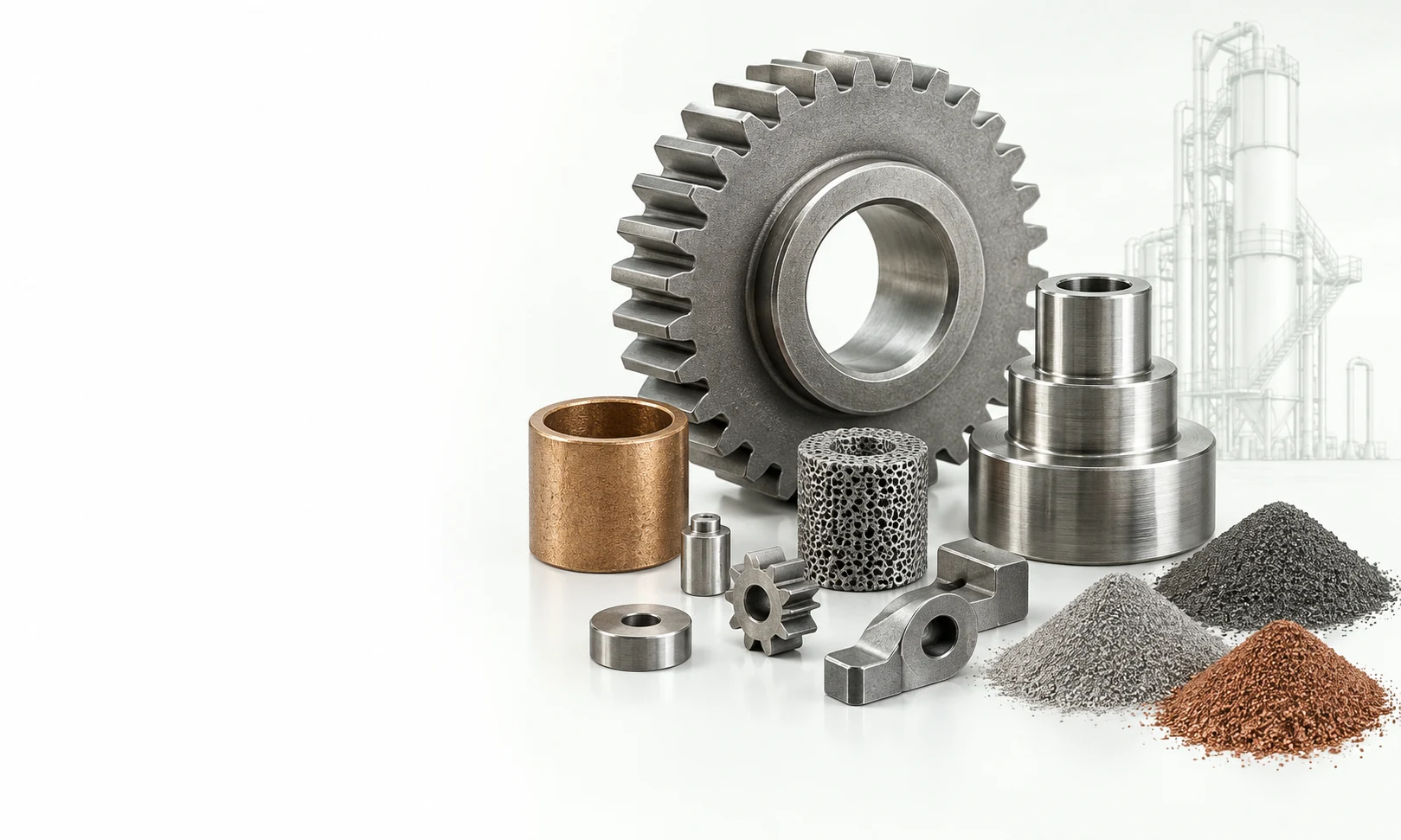 Concept illustration of metal powders, precision component forms and atomization engineering